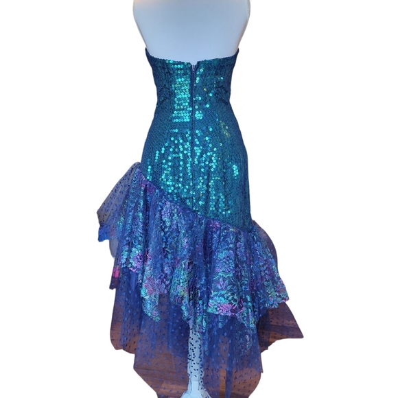 Vintage 80s Loralie Original Green Blue Teal Sequin Mesh Strapless Mermaid Dress - Picture 6 of 10